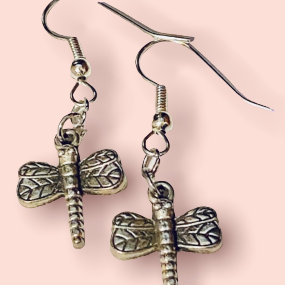 Hand Crafted Earrings Firefly Dragonfly Dangle Silver Pierced Long Faceted Bead - Picture 2 of 6